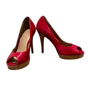 Cole Haan Mariela Air OT Red Patent Leather Cork Platform Peep Toe Heels Size 10